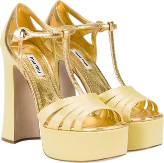 Miu Miu Gold Leather & Yellow Satin Platform Sandals Size 37.5