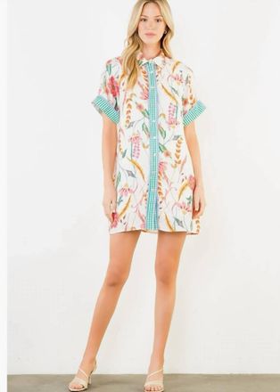 THML Clothing Floral Print Collared Dress In Cream