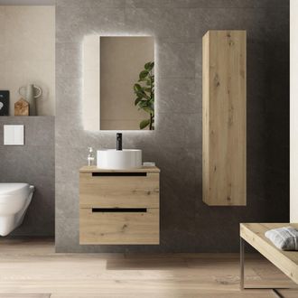 Cygnus Bath Mueble De Ba&ntilde;o Leni 60cm Roble 2 Cajones Lavabo Sobre Encimera 1 Poza Porcelana