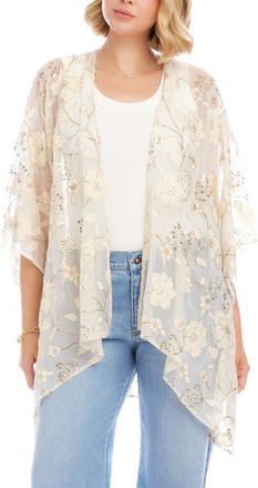Karen Kane Embroidered Floral Open Front Jacket in Off White at Nordstrom, Size Medium