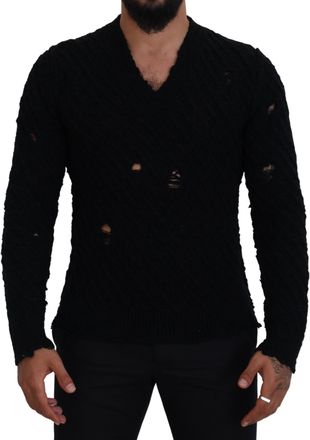 Dolce & Gabbana Mens Distressed Vneck Sweater - Black Cotton - Size EU 44 (Mens)