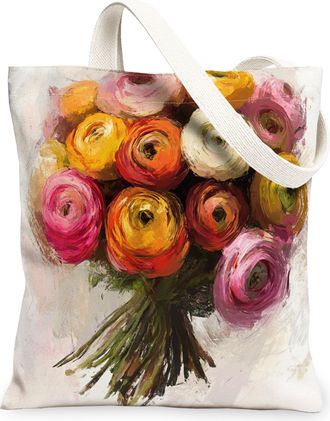 Generic Spring Ranunculus Flower Canvas Tote Bag for Shopping 13x15, Watercolor Florals Plant Reusable Grocery Print Pattern Bag for Women, Botanical Beach Ae