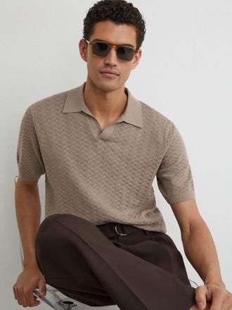Reiss Taupe Brown Textured-knit Open-collar Polo Shirt, Xxl