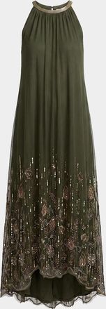 Mac Duggal Sequined Pleated Halter Midi Dress