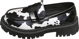 Generic Black Feminine Leather Shoes with Thick Sole Waterproof Table Leopard Print British Style for Casual Outings