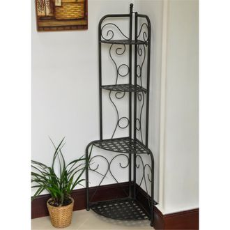 International Caravan Inc 3465-ANT-BK Mandalay Iron Folding Corner Bakers Rack, Antique Black