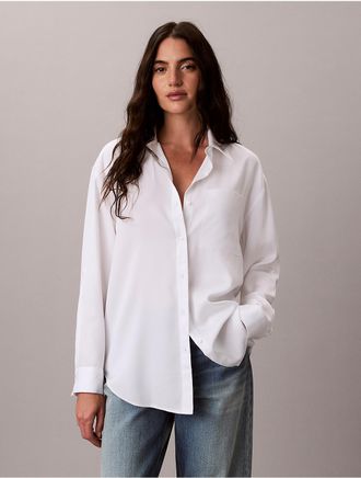 Calvin Klein Womens Lyocell Roll Tab Button-Down Shirt - Open White - XL
