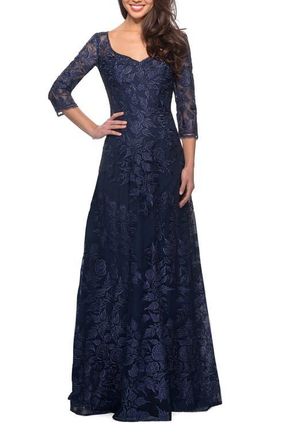 La Femme Long Lace A-line Three Quarter Sleeve Gown in Navy at Nordstrom, Size 18