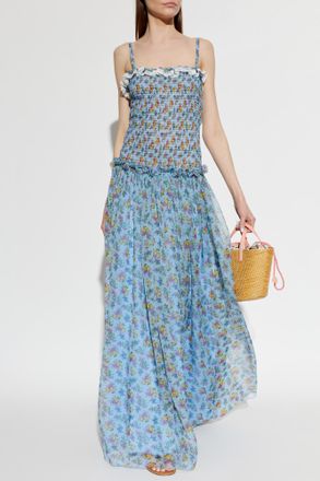 Dolce & Gabbana Silk Dress With Floral Motif, Womens, Blue