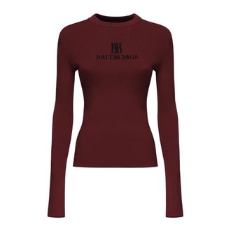 Balenciaga Round-neck Knitwear, female, Red, Size: M Ribbed Crewneck Long-Sleeved Fitted Top