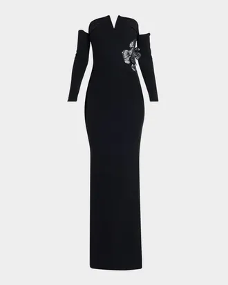 La Petite Robe Di Chiara Boni Zioni Off-Shoulder Sequin Flower Long Gown