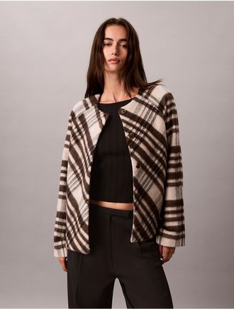 Calvin Klein Womens Mohair Plaid Cardigan Jacket - White - XL