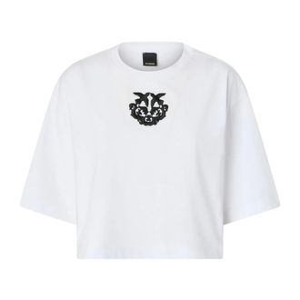Pinko T-Shirts, female, White, Size: L Cropped T-shirt with Love Birds Embroidery