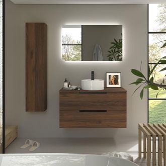 Cygnus Bath Mueble De Ba&ntilde;o Leni 100cm Nogal 2 Cajones Lavabo Sobre Encimera 1 Poza Porcelana