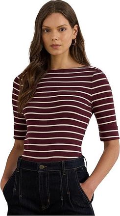 Lauren Ralph Lauren Striped Stretch Cotton Boatneck T-Shirts Womens Clothing Dark Garnet/Mascarpone Cream : LG, Cotton/Elastane