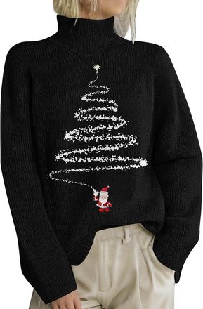 Generic Christmas Jumpers for Women UK Sparkly Christmas Tree Print Knitwear Pullover Funny Winter Sweaters Fashion Long Sleeves Ladies Xmas Turtleneck Sweate