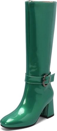 Generic Womens Square Toe Block Heel Shiny Metallic Knee High Riding Boots with Side Zipper and Buckle Strap Decor (7.5,Green)