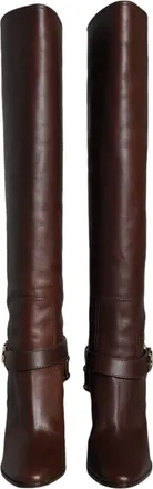 Dolce & Gabbana Brown Leather Gold Tone Logo High Boots Womens Shoes (Pre-Owned)