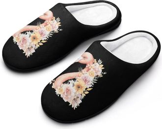 Generic Flamingos Head With Floral Mens Slippers Slip On Comfortable Fleece Cotton House Shoes Winter
