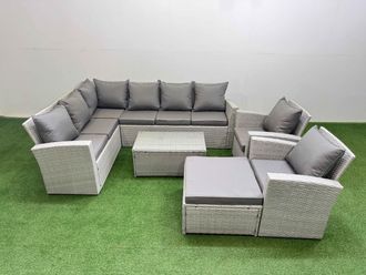 Fimous 9 Seater Garden Outdoor PE Rattan Furniture Set with Big Stool 2 Chair in Light Grey