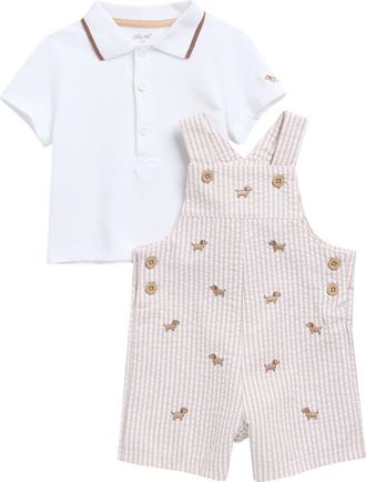 Little Me Puppy Polo & Embroidered Shortalls Set in Tan at Nordstrom, Size 24M