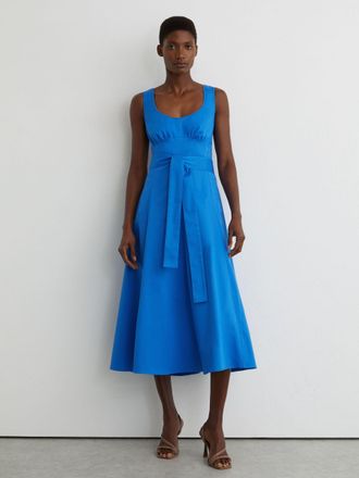 Reiss Blue Cotton Belted Midi Dress With Stretch, 16