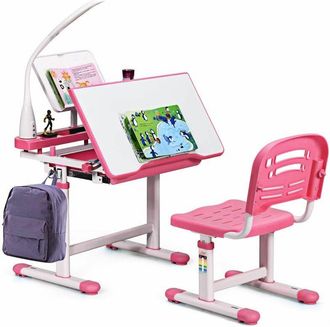 Costway Costway - Set Sedia e Scrivania per Bambini Altezza e Angolo Regolabile e Multifunzionale, Con Cornice per la Lettura e Lampada di Protezione per gli