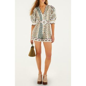 Farm Rio Fruit Beauty Euroflax Llinen Mini Cut Out Romper in Off-White at Nordstrom, Size Xx-Small