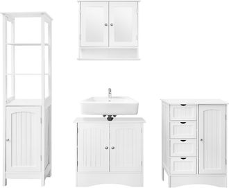 ML Design Ml-design Conjunto De 4 Muebles De Ba&ntilde;o Armario Blanco De Suelo Alto C&oacute;moda De Pared Colgante Con Cajones Espejo Y Esanter&iacute;a De Almacenamiento Estante