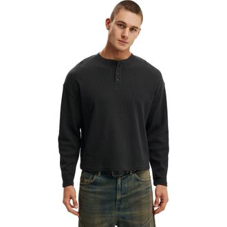 Cotton On Mens Relaxed Fit Textured Henley Long Sleeve in Washed Black Waffle at Nordstrom, Size Xx-Large