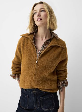 Contemporaine Womens Faux-fur mock-neck zippered Cardigan Sweater