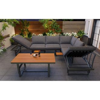 C&A Outdoor Garden Furniture Set:2 Sofas and Table with Galvanized Iron Frame,Adjustable Backrests,Acacia Wood,Grey Cushions Included