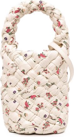 Bottega Veneta Pre-owned Bottega Veneta Small Floral Printed Leather Intrecciato Kalimero Bucket Bag Ladies microchip