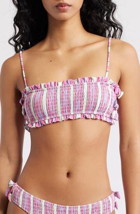 Damson Madder Stripe Smocked Bow Bandeau Bikini Top in Pink at Nordstrom, Size 14 Us