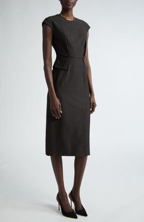 St. John Pinstripe Jersey Peplum Sheath Dress in Mocha at Nordstrom, Size 14