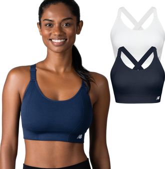 New Balance 2 Pack Ladies Sports Bra, Sost&eacute;n Deportivo, Adjustable Straps, Seamless Wirefree, Sea Salt/Navy, M