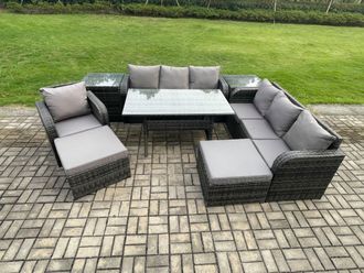 Fimous Outdoor Rattan Garden Furniture Set Oblong Dining Table & Chairs Set with 3 Seater Sofa 2 Big Footstool 2 Side Tables Dark Grey Mixed