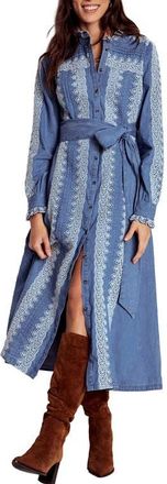Boden Ruffle Embroidered Long Sleeve Chambray Shirtdress in Light Blue Chambray at Nordstrom, Size 12