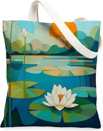 Generic Spring Water Lily pad Canvas Tote Bag for Shopping 13x15, Garden Sun Lotus Leaf Scenic Reusable Grocery Print Bag for Women, Cool Floral Beach Aesthet