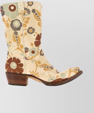 Prada floral block heel mid-calf canvas boots