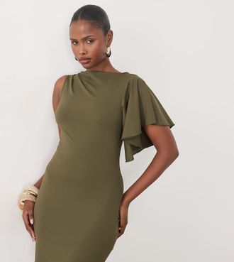 the frolic abito corto monospalla con manica a volant in khaki-Verde