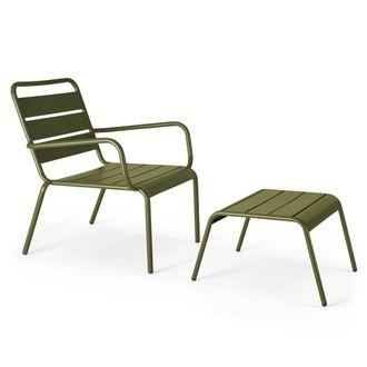 Oviala Sill&oacute;n reclinable y reposapi&eacute;s de metal verde caqui