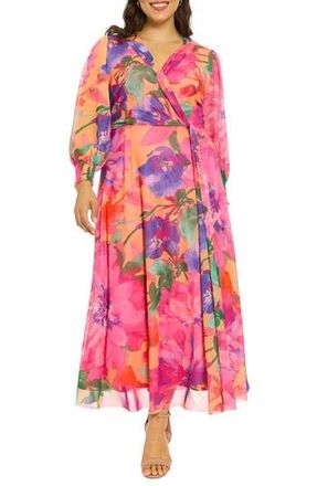 London Times Bishop Sleeve Maxi Dress in Peach/Pink at Nordstrom Rack, Size 3X