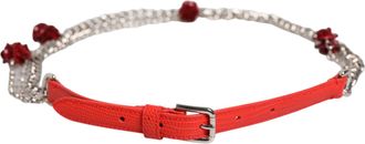 Dolce & Gabbana Red Leather Silver Chain Floral Cintura Womens Belt