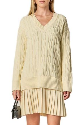 English Factory Long Sleeve Pleated Mixed Media Sweater Dress in Cream at Nordstrom, Size X-Small
