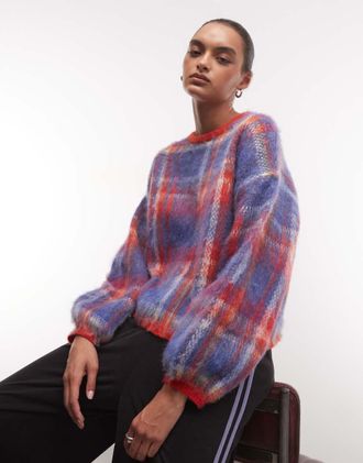 Reclaimed Vintage maglione girocollo in maglia garzata a quadri rossi-Multicolore