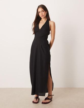 Asos Prendisole midi allacciato al collo in cotone e lino nero con bustino sagomato