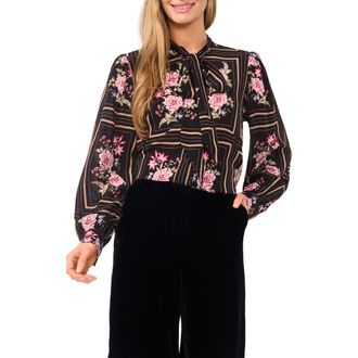Ted Baker Alba Floral Tie Neck Shirt in Rich Black at Nordstrom, Size Medium
