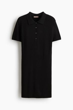 H&M Geripptes Strickkleid mit Kragen - Schwarz