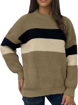 Generic Christmas Pullover Sweater for Women Knitted Top Big Size Lazy Wind Collision Striped Knit Sweater Tops Women 2024 New Ladies Round Neck Long Sleeve J
